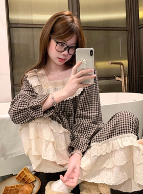 韩系格子蕾丝花边棉麻睡衣女春秋季方领长袖宽松可外穿家居服套装