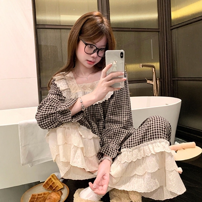 韩系格子蕾丝花边棉麻睡衣女春秋