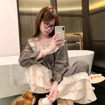 韩系格子蕾丝花边棉麻睡衣女春秋季方领长袖宽松可外穿家居服套装