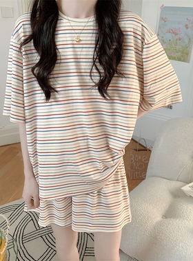 韩系彩色条纹简约睡衣女夏季2025新款休闲短袖宽松外穿家居服套装
