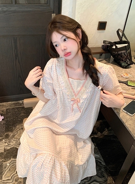 甜美小清新花朵v领睡裙女款夏季蝴蝶结花边短袖连衣裙宽松家居服