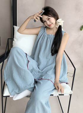 夏天简约盐系背心长裤睡衣夏季女款韩版棉纱宽松吊带可外穿家居服