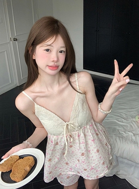 甜美粉小熊棉纱吊带睡衣夏季女可爱柔软带胸垫背心短裤家居服套装