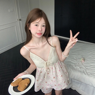 家居服套装 女可爱柔软带胸垫背心短裤 甜美粉小熊棉纱吊带睡衣夏季