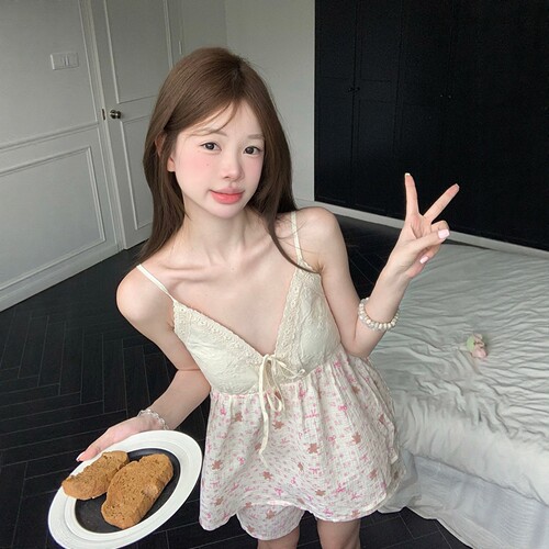 粉小熊棉纱吊带睡衣夏季女