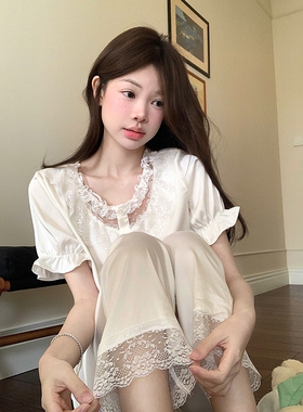法式纯欲风蕾丝冰丝睡衣女款夏季甜美花边短袖长裤两件套装家居服