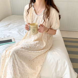 睡衣休闲V领短袖 宽松家居服 2026新款 夏天简约波点棉麻睡裙女夏季