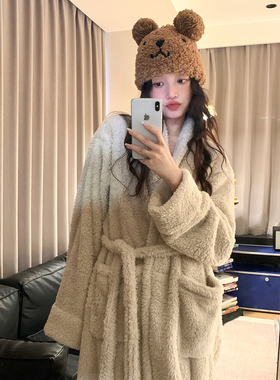 韩版休闲可外穿保暖珊瑚绒睡袍女秋冬季款加绒加厚浴袍宽松家居服
