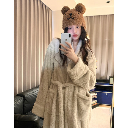 韩版休闲可外穿保暖珊瑚绒睡袍女秋冬季款加绒加厚浴袍宽松家居服