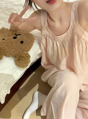 夏天温柔风裸感挂脖无袖吊带长裤睡衣女夏季简约背心家居服两件套