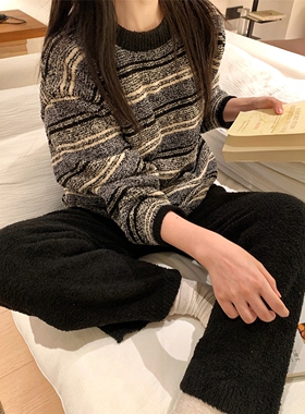 韩版条纹冬季半边绒睡衣女2025新款长袖加绒加厚可外穿家居服套装