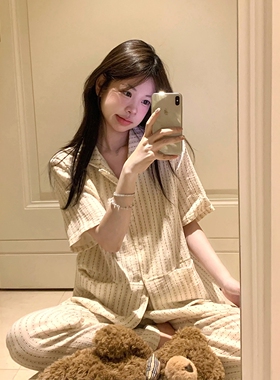 简约风可爱星星纯棉纱布睡衣夏季女短袖长裤宽松开衫两件套家居服