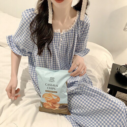 夏季短袖格子花边领可外穿睡裙