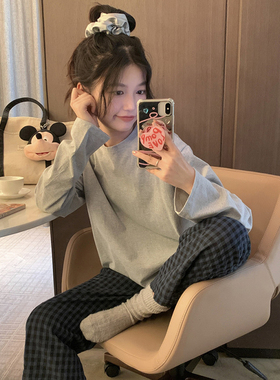 简约休闲圆领纯棉睡衣女春秋季韩版舒适长袖长裤可外穿家居服套装