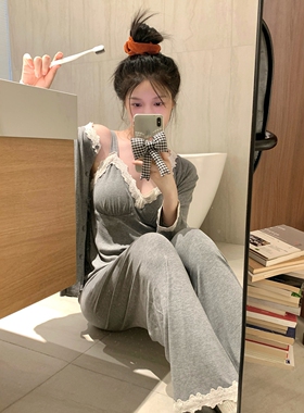 简约舒适亲肤v领吊带睡衣女款秋冬季长袖长裤可外穿三件套家居服
