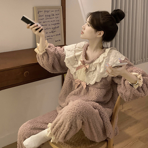 韩版甜美减龄珊瑚绒睡衣女秋冬季2023新款加绒加厚保暖宽松家居服