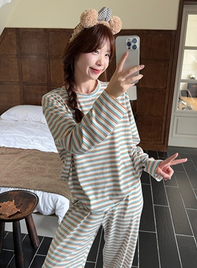 撞色条纹舒适莫代尔睡衣女春秋季休闲圆领长袖可外穿家居服两件套