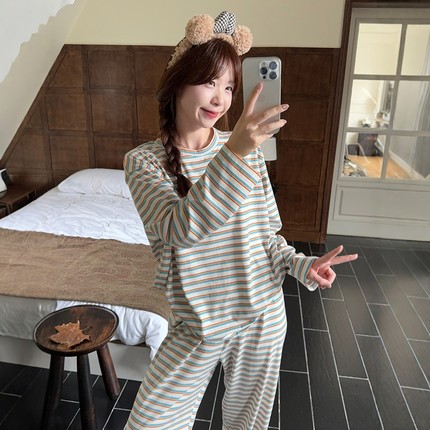 撞色条纹舒适莫代尔睡衣女春秋季休闲圆领长袖可外穿家居服两件套