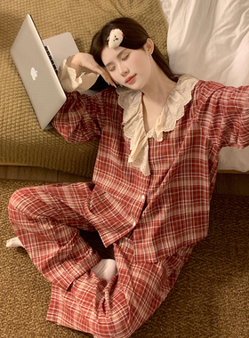 韩版格子蕾丝全棉睡衣女春秋季长袖舒适花边领可外穿家居服两件套