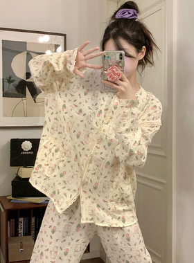 可爱俏皮兔子圆领棉麻睡衣女春秋季2024新款纱布甜美休闲家居服