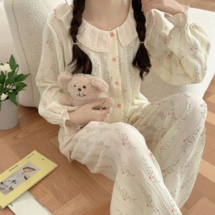 韩系温柔小碎花棉纱睡衣女春秋季 家居服 休闲宽松简约花边长袖 套装
