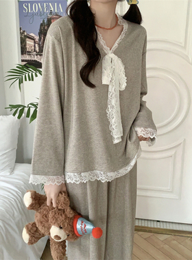 韩系条纹简约毛巾绒睡衣女秋冬季新款休闲花边舒适宽松家居服套装