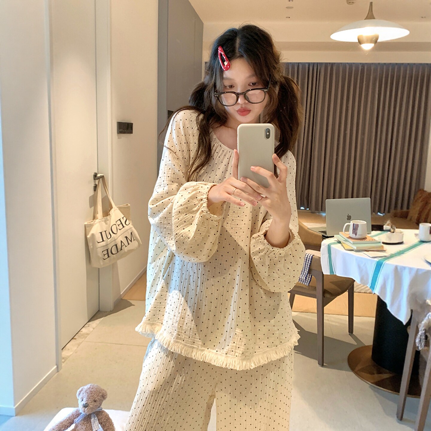韩系波点双层纱女睡衣套装春秋图片