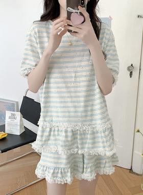 韩系条纹简约纯棉睡衣女款2025新款夏季甜美花边短袖两件套家居服
