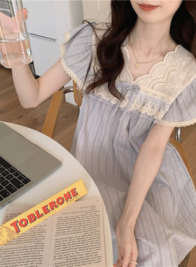 韩版甜美蕾丝公主风睡裙女夏天短袖全棉睡衣宽松家居服外穿连衣裙