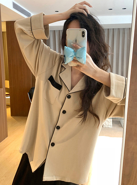 韩版休闲保暖德绒睡衣女秋冬季新款简约慵懒宽松开衫两件套家居服