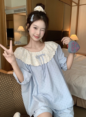 休闲简约波点全棉睡衣女款夏季慵懒宽松短袖短裤可外穿家居服套装