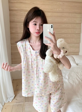 少女可爱蝴蝶结背心双层纱睡衣女款夏季吊带短裤可外穿家居服套装