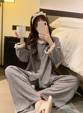 韩系花边长袖睡衣女秋冬季薄绒简约保暖加厚开衫可外穿家居服套装