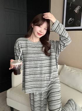 韩系慵懒条纹毛巾绒睡衣女秋冬季休闲舒适宽松长袖长裤家居服套装