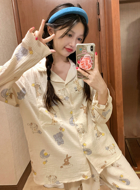 卡通可爱翻领纱布睡衣女秋冬季棉麻长袖开衫少女宽松可外穿家居服