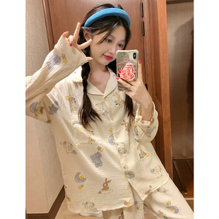 卡通可爱翻领纱布睡衣女秋冬季棉麻长袖开衫少女宽松可外穿家居服