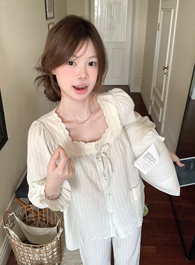 甜美公主风简约条纹纯棉睡衣女秋冬季休闲花边长袖宽松家居服套装
