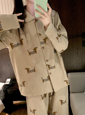 卡通纯棉纱长袖睡衣女春秋季可爱腊肠狗宽松舒适翻领两件套家居服