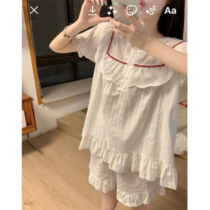 夏天甜美荷叶边公主风全棉睡衣女夏季2025新款短袖短裤家居服套装