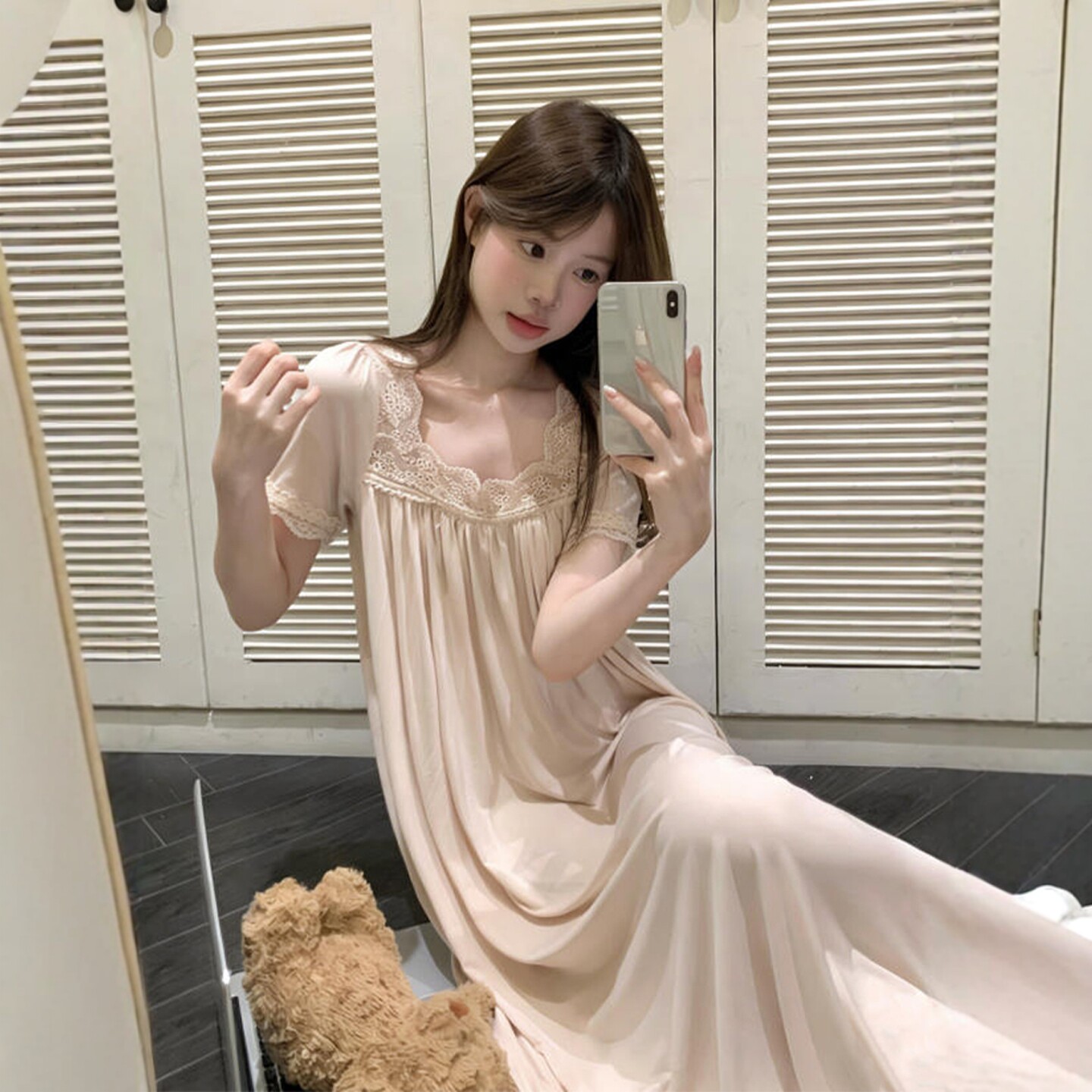 法式2026新款莫代尔纯棉睡裙女夏季蕾丝花边方领短袖连衣裙家居服