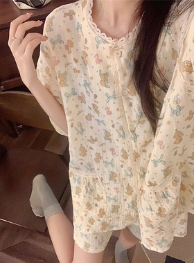 可爱卡通狗狗棉麻睡衣夏季女款2024新款圆领纱布短袖两件套家居服