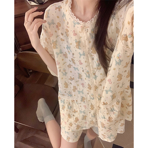 可爱卡通狗狗棉麻睡衣夏季女款2024新款圆领纱布短袖两件套家居服