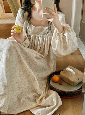 法式浪漫蕾丝花边领睡裙女春秋款温柔碎花长袖睡衣宽松长裙家居服
