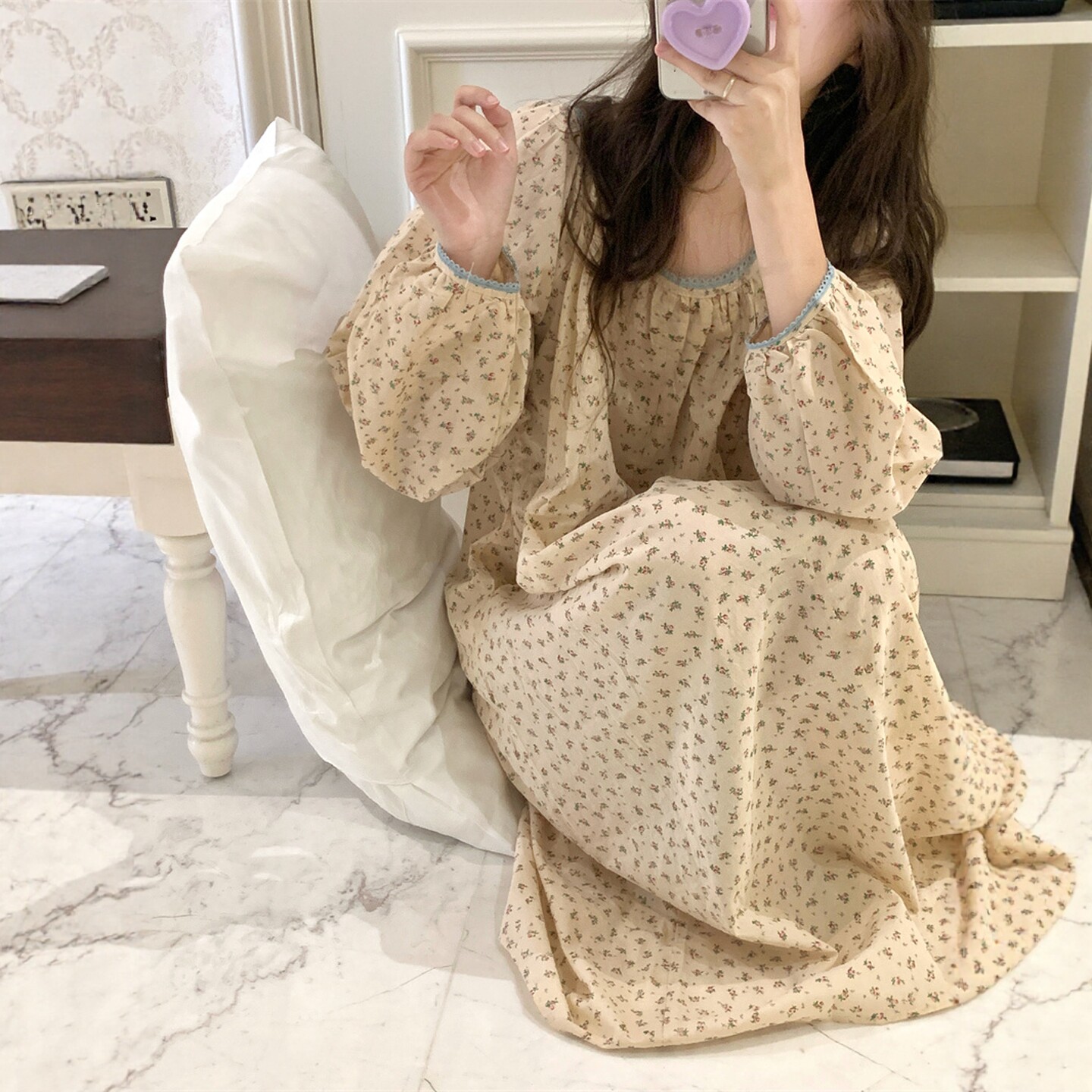 日系小碎花长袖睡裙女春秋款图片