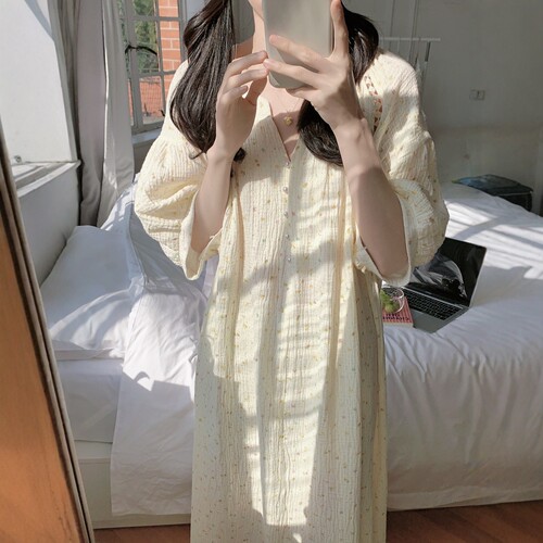 韩系小碎花双层纱布睡裙夏季