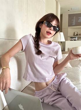 甜美少女条纹圆领T恤+抽绳长裤夏季可外穿短袖睡衣休闲家居服套装