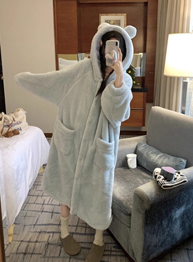 韩版珊瑚绒连帽睡袍女冬季2025新款简约保暖长款加绒加厚家居服