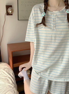 韩版休闲条纹睡衣女款夏2025新款针织圆领宽松短袖短裤家居服套装
