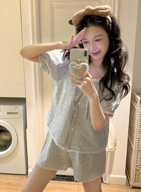 韩版格子棉麻小碎花睡衣女款夏季休闲简约舒适花边短袖家居服套装