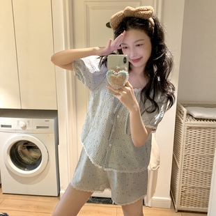 韩版格子棉麻小碎花睡衣女款夏季休闲简约舒适花边短袖家居服套装